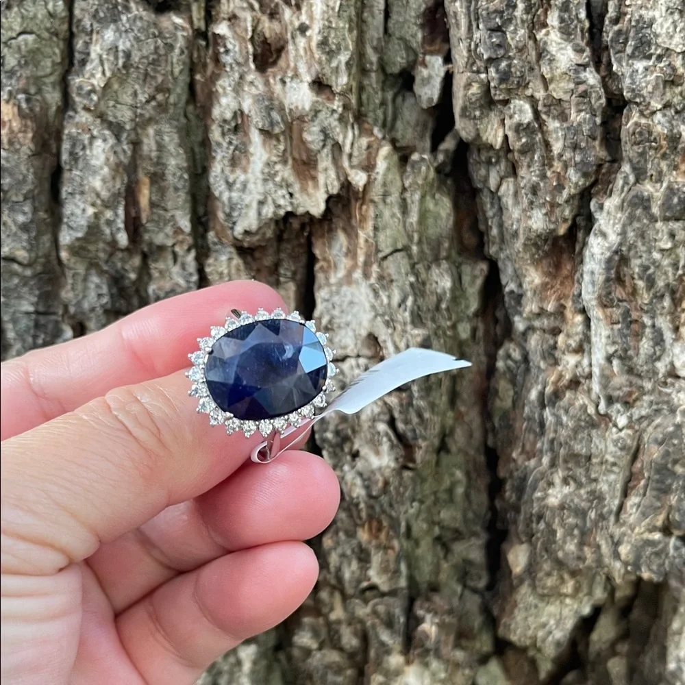 NWT Natural Sapphire 16X13mm CZ accents Statement Ring S10 Unheated/ Untreated - Picture 3 of 14